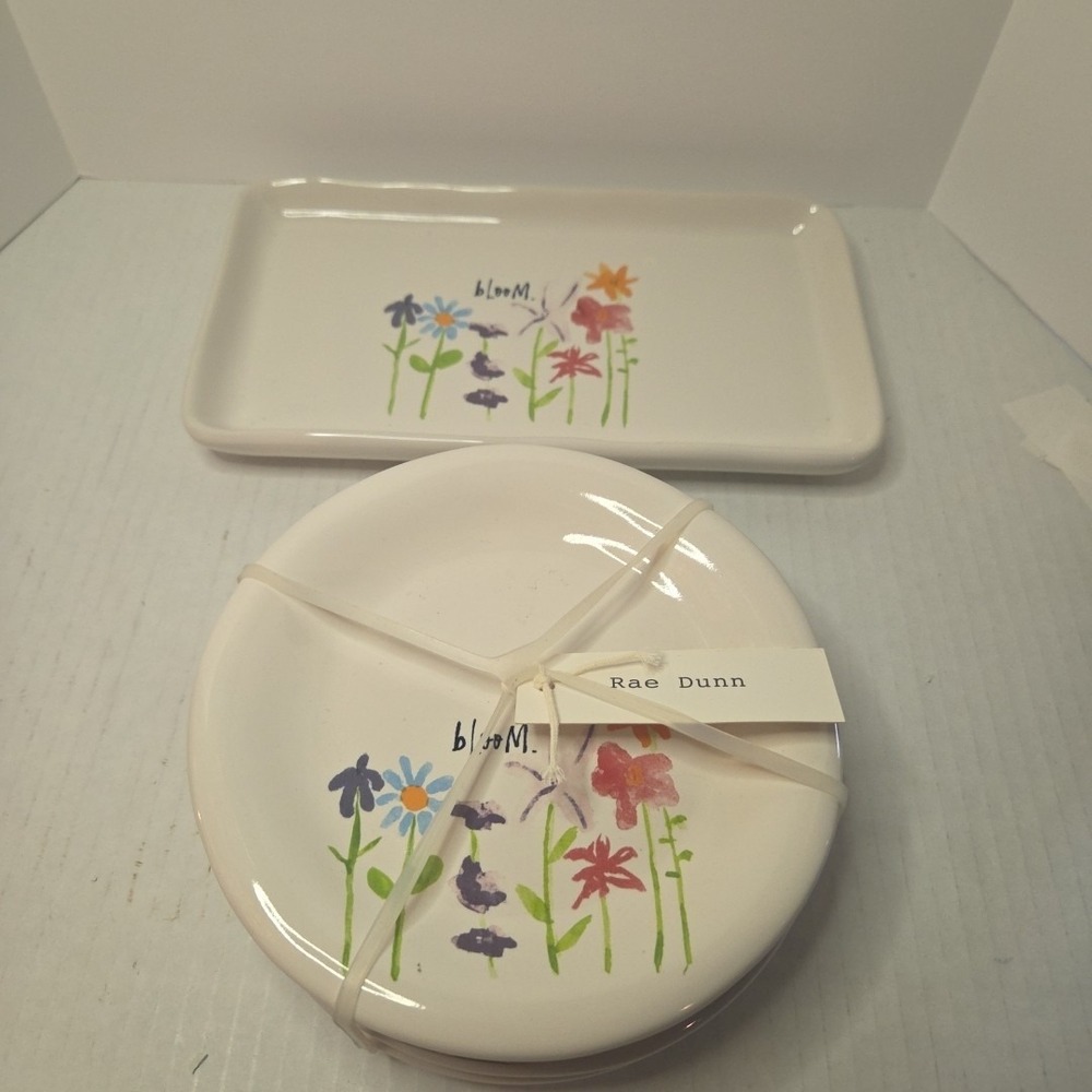 Rae Dunn Collection By Magenta Bloom Floral Snack Appetizer Plates & Tray